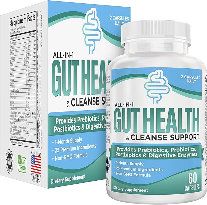 Gut Health Support Supplement (25-in-1) with Prebiotics Probiotics Postbiotics &amp Digestive Enzymes | Gut Supplements | 60 Capsules
