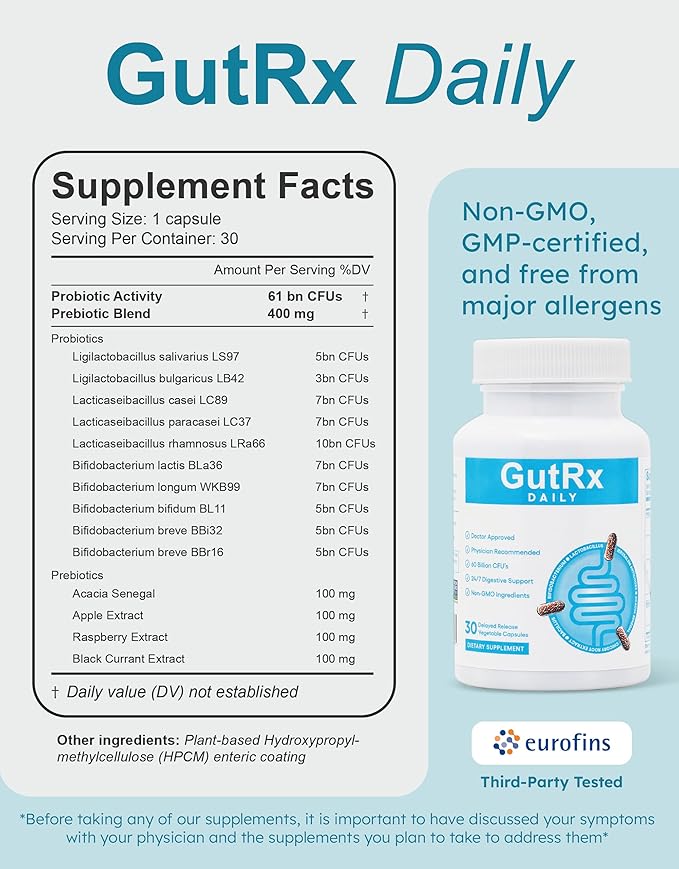 Daily Probiotics for Women &amp Men with Bifidobacterium Longum &amp Prebiotics for Gut Health Gluten Free Probiotics for Digestive Health – 61 Billion CFU 30 Ct Enteric Coated Capsules
