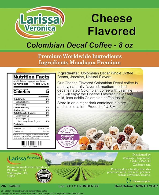 Cheese Flavored Colombian Decaf Coffee (Gourmet Naturally Flavored Whole Coffee Beans) (8 oz ZIN: 548957) - 2 Pack