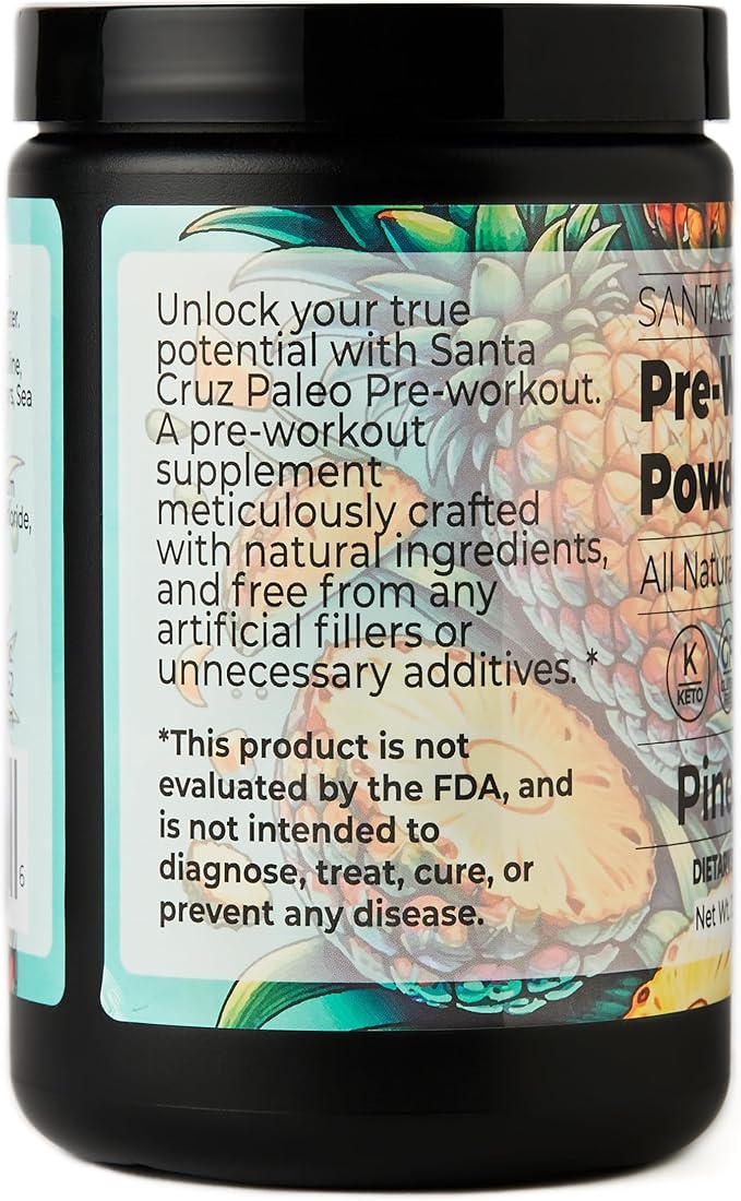 Santa Cruz Paleo Pre Workout Powder Electrolytes Magnesium Potassium Sea Salt &amp L Citrulline Caffeine &amp Sugar Free Preworkout Drink Mix for Energy &amp Hydration Pineapple Flavor 30 Ser