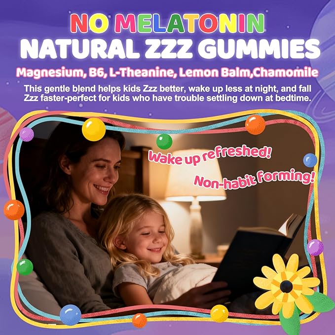 Kid’s 4+ Magnesium Glycinate Gummies: Extra Strength NO Melatonin Magnesium Bisglycinate 100mg 200mg Supplement with L-Theanine B6 D3 Omega3 for Overall Health - Zzz Aid for Kids(120Count)
