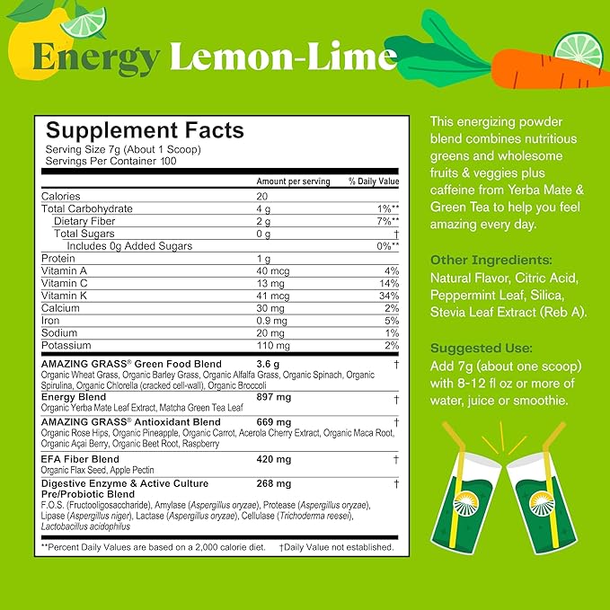 Amazing Grass Green Superfood Energy: Super Greens Powder &amp Plant Based Caffeine with Green Tea Beet Root Powder &amp Flax Seed Lemon Lime 100 Servings (Packaging May Vary)