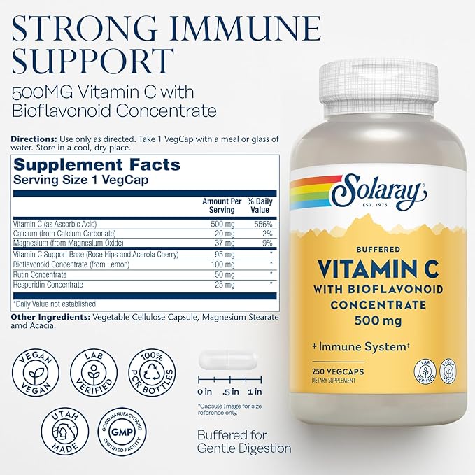 SOLARAY Buffered Vitamin C 500mg - with Bioflavonoids Rose HIPS and Acerola Cherry - Immune Support Supplement - Easy to Digest Vegan Lab Verified 60-Day Guarantee - 250 Servings 250 VegCaps