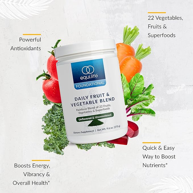 Equilife Daily Fruit &amp Vegetable Blend Superfood Antioxidant Supplement with 22 Organic Fruits &amp Vegetables Unflavored Vitamin C Fiber 9 Essential Amino Acids Supports Energy 30 Serving