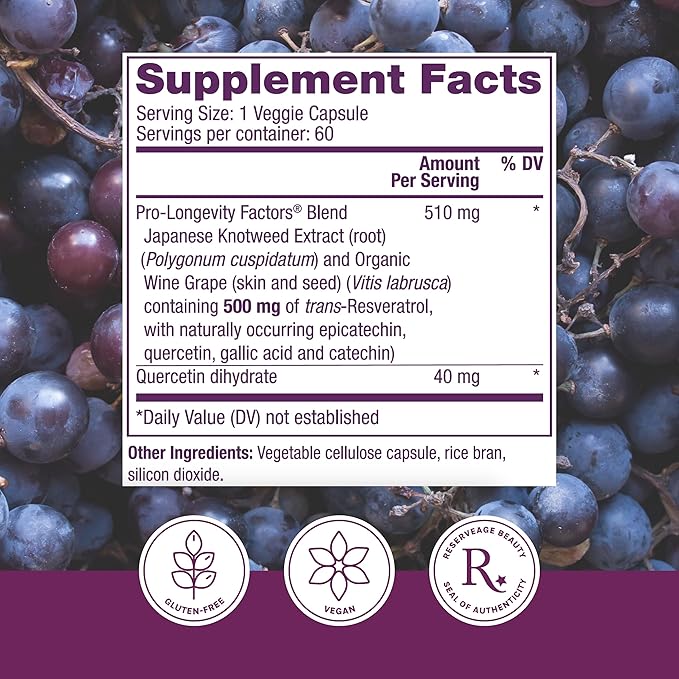 Reserveage Beauty Resveratrol 500 mg Antioxidant Supplement for Heart and Cellular Health Supports Healthy Aging and Immune System Paleo Keto 60 Capsules