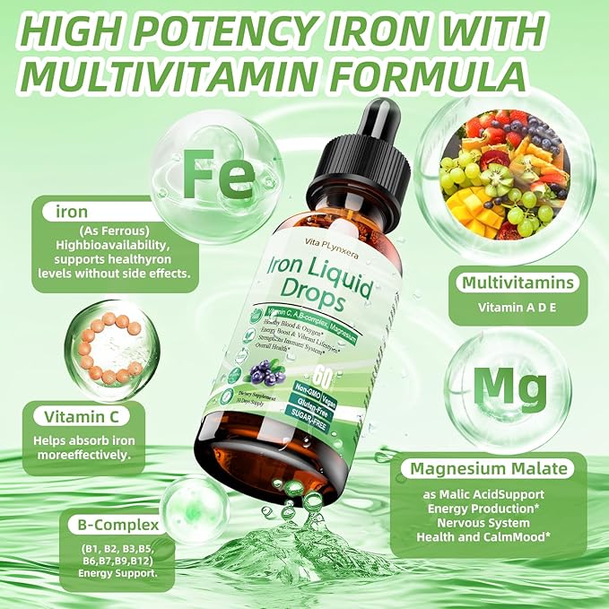 2 Pack Liquid Iron Supplement for Women Men &amp Kids Vegan Iron Drops with Vitamin C D B12 B-Complex High Potency Liquid with Multivitamin for Anemia Energy Support Magnesium Iron Gentle
