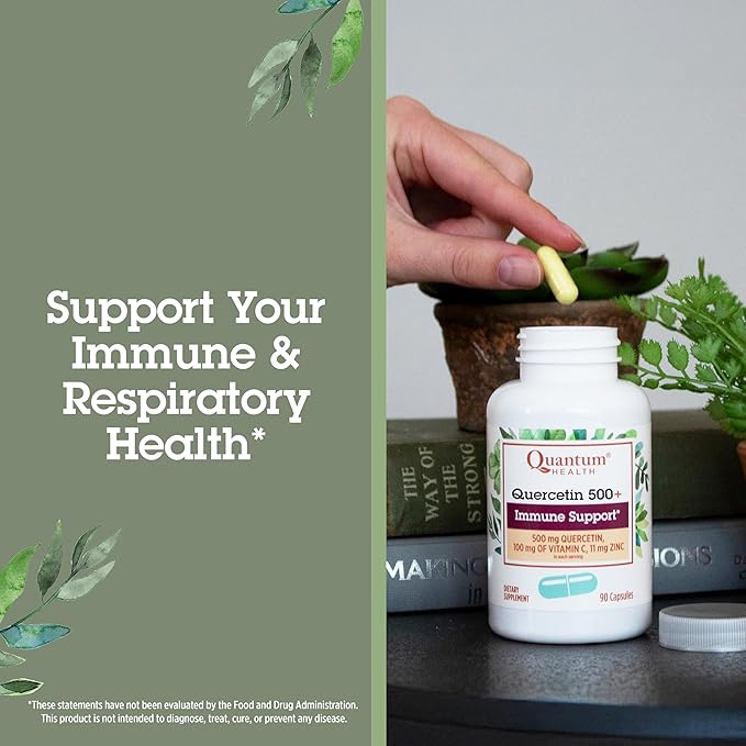 Quantum Health Quercetin+ 500mg Powerful Immune Support Supplement with Zinc 11 mg &amp Vitamin C 100 mg - Seasonal Immunity Boost Respiratory Health &amp Gut Support Complex for Women &amp Men -