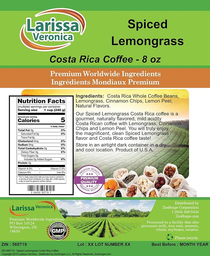 Spiced Lemongrass Costa Rica Coffee (Gourmet Naturally Flavored Whole Coffee Beans) (8 oz ZIN: 560719)