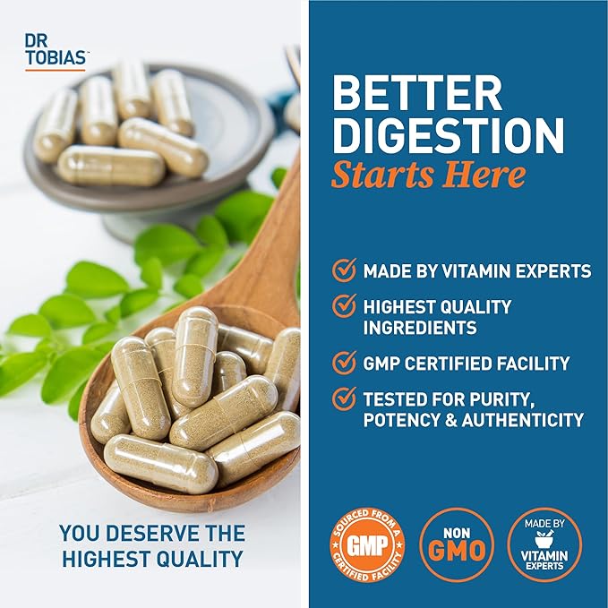 Dr. Tobias Digestive Enzymes Digestion Supplement with 18 Enzymes for Digestion and Gut Health | Includes Amylase Bromelain Lipase Lactase Protease Papain &amp More (60 Capsules 30 Servings)