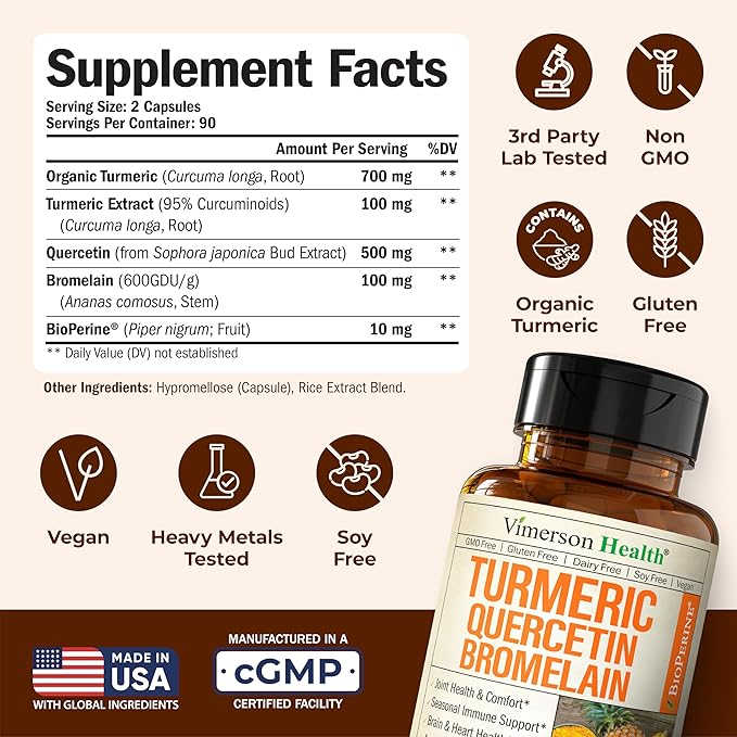 Quercetin with Bromelain Turmeric Curcumin Supplement – Allergy Relief Immune &amp Joint Support – Organic Turmeric Supplement w/Bioperine for Enhanced Absorption Quercetin 500mg Capsules 2 Pack