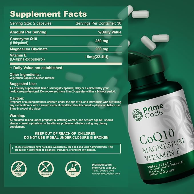 Prime Code CoQ10 250mg with Magnesium Glycinate and Vitamin E Psyllium Husk Capsules with Magnesium Citrate and Vitamin C