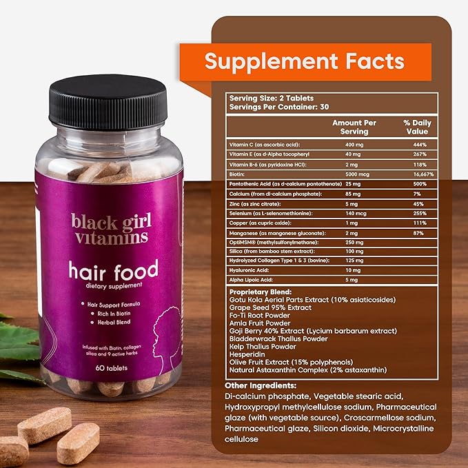 Black Girl Vitamins - Hair Food Biotin Supplement with Collagen for Hair Growth Support Vegan Gluten-Free 60ct