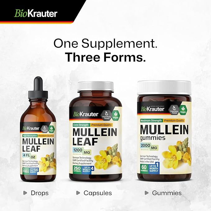 BIO KRAUTER Mullein Capsules 1200 mg 250 Caps - Pure Vegan Mullein Leaf Extract for Lungs - 125 Days of Supply - Lung Cleanse &amp Respiratory Support Supplements - No Fillers Non-GMO
