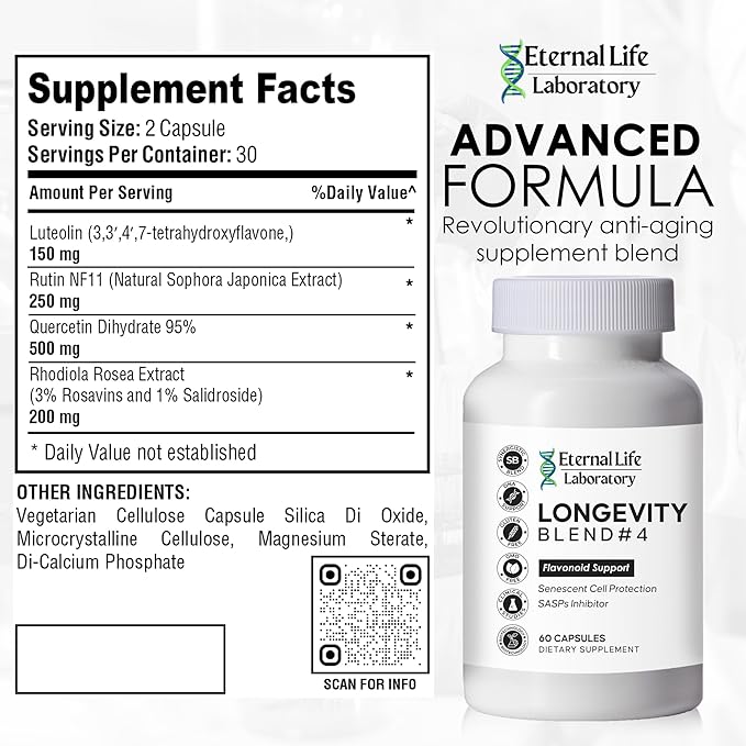 Quercitin Rhodiola Rosea Luteolin and Rutin Longevity Blend #4 Anti-Aging Supplement for Cellular Defense with Immunity and Energy Support Antioxidants