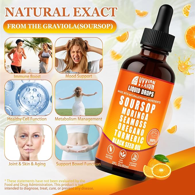 Soursop Bitters Liquid Drops 10 in 1 with Sea Moss Ashwagandha | Original &amp Zesty Orange Flavor Combo | 2-Pack (2 Fl Oz Each) | Herbal Extracts for Overall Health | Vegan Non-GMO Gluten-Free