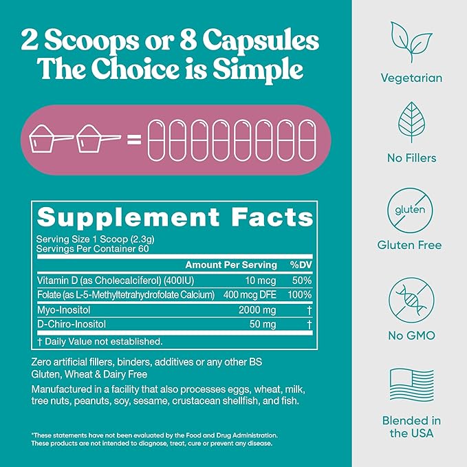 Eu Natural Regulate MAX Myo-Inositol &amp D-Chiro Inositol Supplement Powder for Women with Vitamin D &amp Folate Nutritional Support Hormone Balance &amp Fertility Support Unflavored 60 Servings