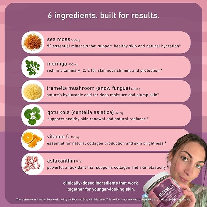 Glowing Skin Supplement with Gotu Kola Moringa Sea Moss Astaxanthin &amp Tremella Mushroom – for Skin Hydration Gut Health Anti-Aging &amp Radiance – 90 Capsules