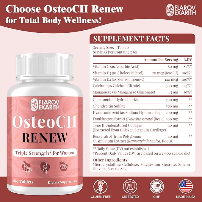Joint Supplements for Women OsteoCII Renew Triple Strength – Advanced Joint Bone &amp Skin Formula – Collagen Glucosamine Chondroitin Calcium MK-7 Vitamin D3 Hyaluronic Acid 180 Tablets