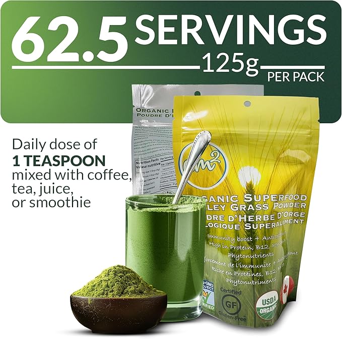 am2 Organic Barley Grass Powder - Organic Superfoods 125g (62 Servings) - Rich in Antioxidants &amp Nutrients Supports Immunity Digestive Health and Heart Wellness with an Easy Daily Dose