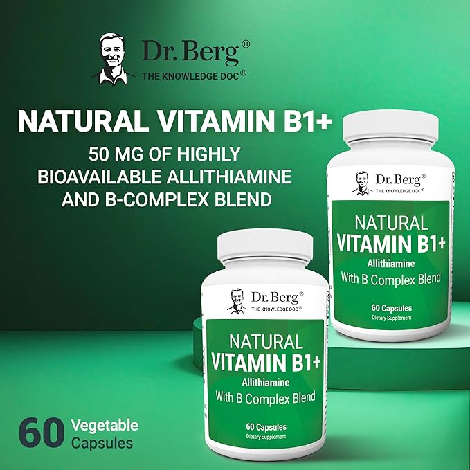 Dr. Berg Natural Vitamin B1 B6 B12 Complex - Allithiamine Vitamin B1 Supplement with 8 Essential Vitamin B Complex for Men &amp Women Including Thiamin Niacin Folate Magnesium &amp More - 60 Caps