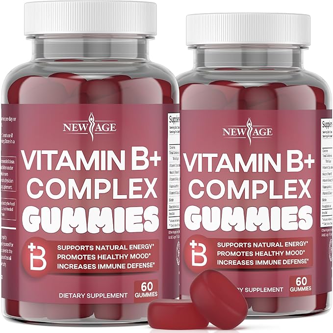 NEW AGE Vitamin B Complex Gummies with Vitamin B3 B6 &amp B12 – with Biotin Folic Acid &amp Vitamin C – Gluten-Free Vegan Made in The USA! (120 Count (Pack of 2))
