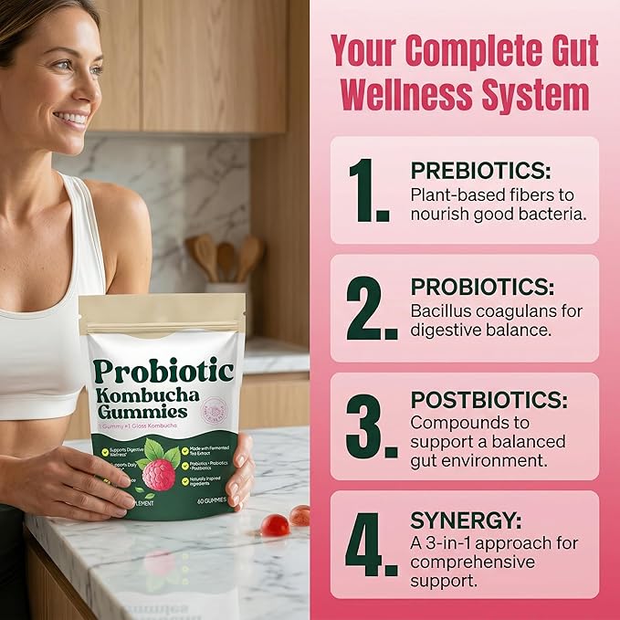 Probiotic Kombucha Gummies with Prebiotics Probiotics &amp Postbiotics – Digestive &amp Gut Health Support – Daily Balance Bloating Comfort &amp Microbiome Support – Vegan Non-GMO 60 Gummies