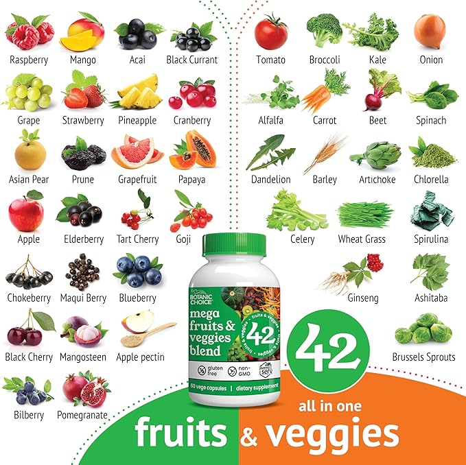 Botanic Choice Since 1910 - Mega Fruits &amp Veggies Blend - 42 Fruits and Vegetables - 2 Caps Daily - 60 Count Supplement