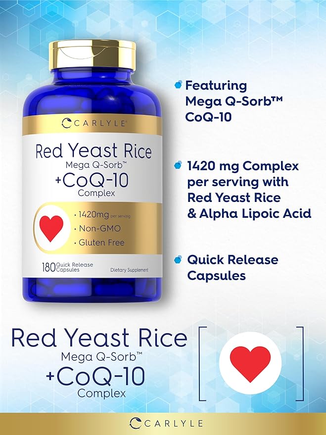 Carlyle Red Yeast Rice with CoQ10 Complex | 1420 mg | 180 Capsules | Mega Q-Sorb | Non-GMO Gluten Free Supplement