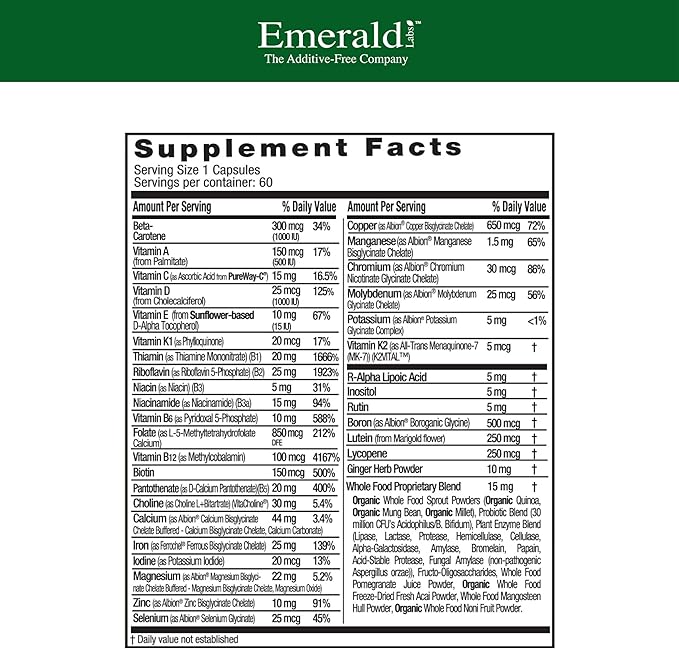 EMERALD LABS Prenatal 1-Daily Multi - Prenatal Multivitamin with Methylated Folate Iron Whole-Food Blend &amp More - Soy-Free Gluten-Free - 60 Vegetable Capsules