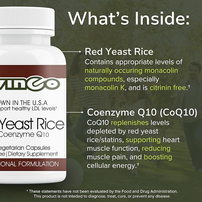 Vinco Inc– Red Yeast Rice with Coenzyme Q10 Dietary Supplement | (120 Capsules) | Supports Healthy Cholesterol Heart Function &amp Circulation | Grown in the USA | Gluten Free