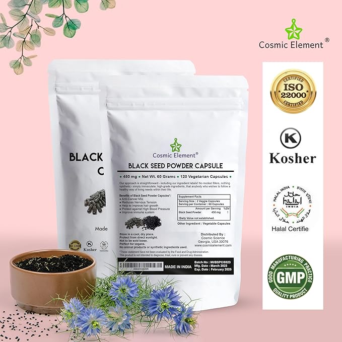 Cosmic Element 100% Pure Black Seed Powder Capsules Organic - Vegan Nigella Sativa 450mg Black Cumin Seeds per Serving for Health - 120 Capsules