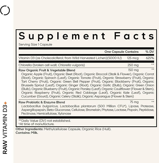 Codeage Raw Vitamin D3+ High Potency 5000 IU Supplement from Saccharomyces Cerevisiae - Raw Vitamin Probiotics Digestive Enzymes Fruits &amp Greens - 2-Month Supply - 60 Capsules