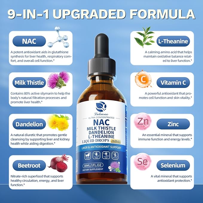 Lukaree Liposomal NAC Supplement N-Acetyl-L-Cysteine 600mg with Milk Thistle - NAC Amino Acid Drops w/Selenium for Liver &amp Kidney Support* Lung Antioxidants &amp Immune Support*- Vegan Non-GMO