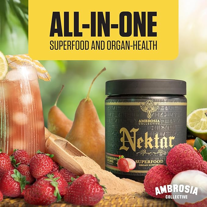 Ambrosia Superfood Organ &amp Cycle Support Powder | Liver &amp Kidney Support with Milk Thistle Red Yeast Rice &amp CoQ10 | 13 Superfood Ingredients | 30 Servings | Strawberry Lychee