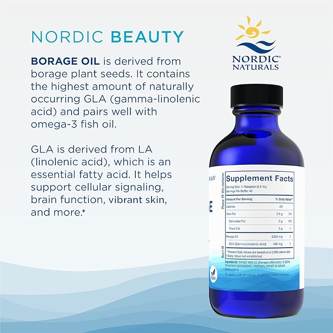 Nordic Naturals Nordic Beauty Borage Oil Unflavored - 4 Ounces - Borage Seed Oil Unique Omega-6 for Healthy and Hydrated Skin 480 Milligrams of GLA - Non-GMO - Vegan 48 Servings