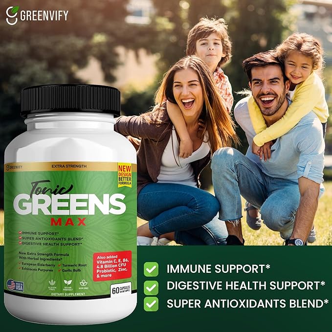 Tonic Greens Max Extra Strength Immune Support Supplement 60 Capsules with Elderberry Turmeric Probiotics (10)