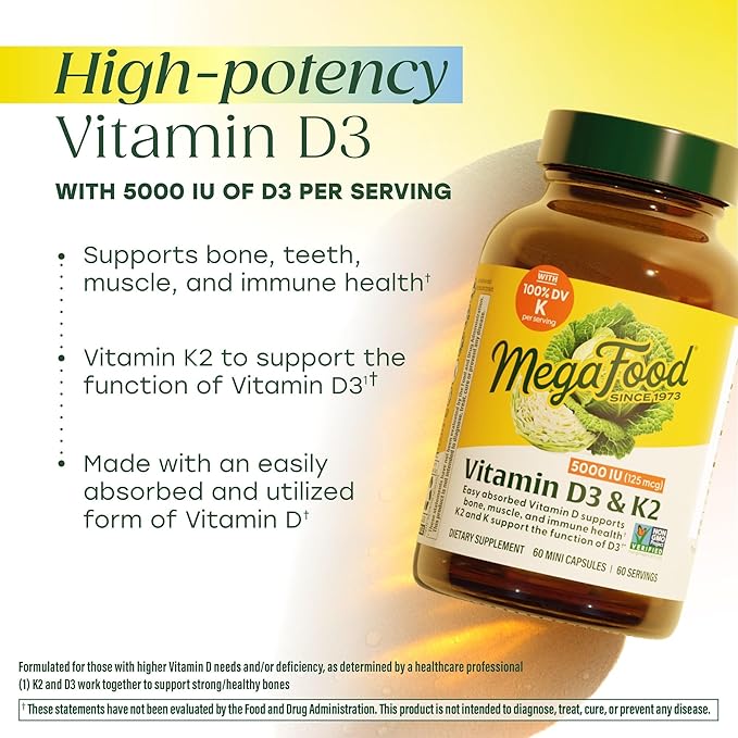 MegaFood Vitamin D3 5000 IU (125 mcg) - Vegetarian Supplements with Vitamin D3 K2 - Supports Bones Teeth Muscles &amp Immune Health - Certified Non-GMO - 120 Mini Capsules 120 Servings