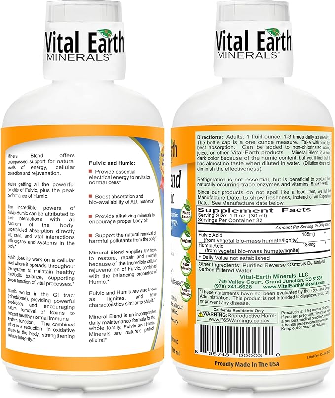 Vital Earth Minerals Fulvic Humic Mineral Blend Liquid 2-Pack – Fulvic Acid Supplement with 70+ Trace Minerals Electrolytes for Recovery Balance &amp Energy 32 Oz Ea + 1 Oz Cup Ea