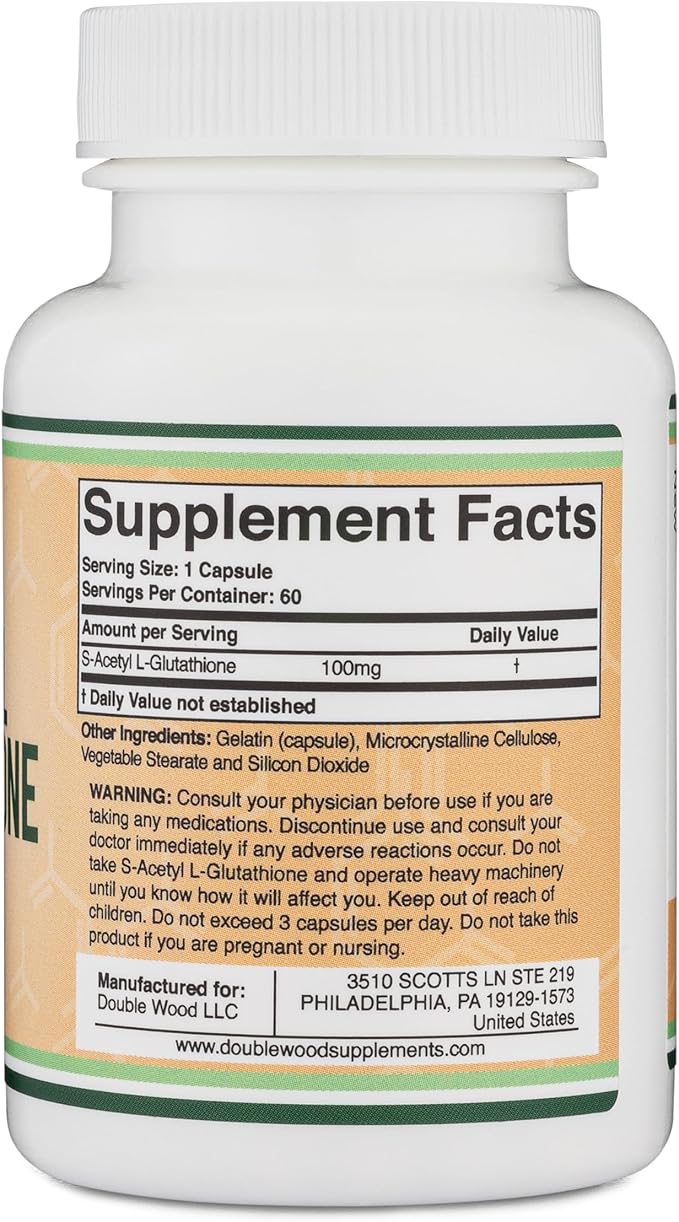 S-Acetyl L-Glutathione Capsules - 100mg 60 Count (Acetylated Glutathione Antioxidant - More Absorbable Than Glutathione and Liposomal Glutathione Non-GMO and Gluten Free) by Double Wood