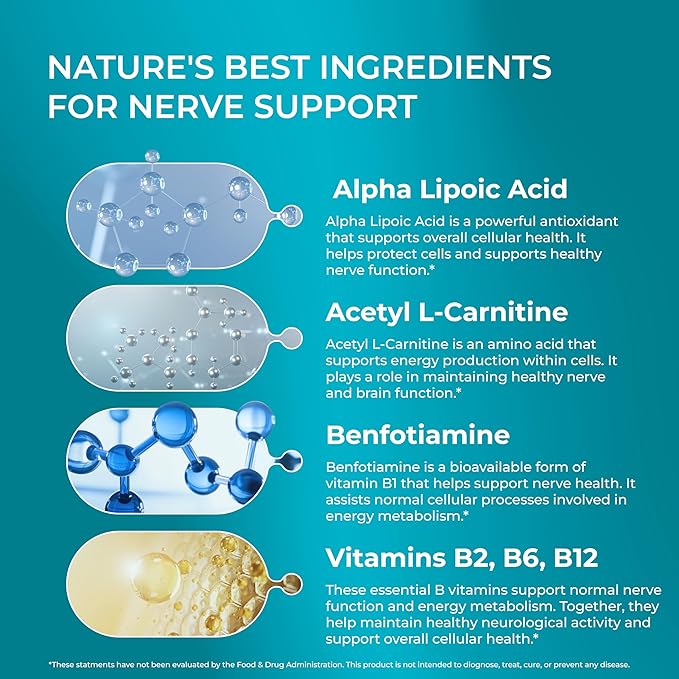 PUREHEALTH RESEARCH Nerve Regen Formula - Nerve Support Supplement for Feet &amp Hands - with Alpha Lipoic Acid ALA Benfotiamine Acetyl L-Carnitine Vitamin B2 B6 B12 D3 &amp More - 6 Bottles