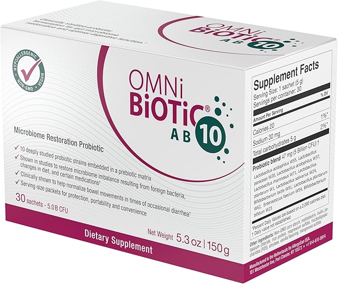 OMNi BiOTiC AB 10 - Clinically Tested Restorative Probiotic - Supports &amp Restores Gut Flora &amp Digestion - Digestive Probiotic for Diarrhea - Vegan Hypoallergenic Non-GMO (30 Daily Packets)