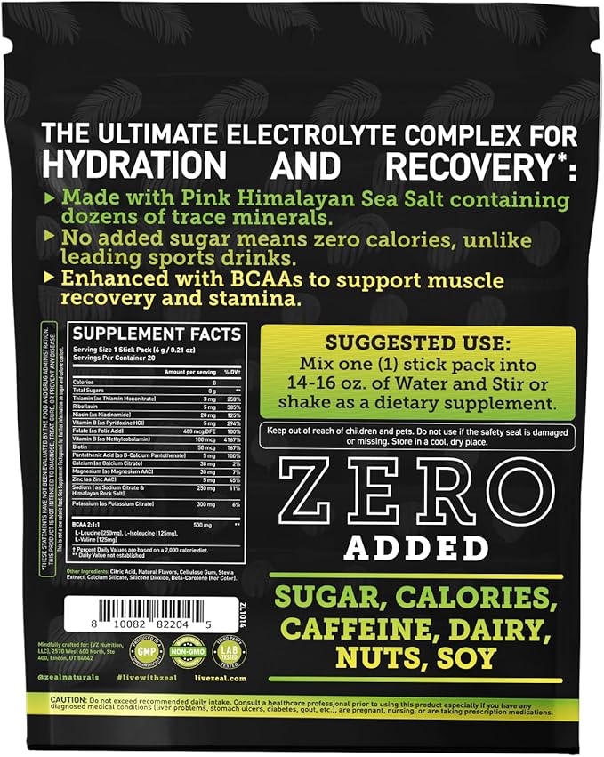Enhanced Electrolyte Powder Stick Packs (Lemon Lime | 20 Packets) w/ 0 Sugar +BCAAs +B-Vitamins Electrolyte Supplement w Potassium Zinc &amp Magnesium for Hydration - Keto Electrolytes