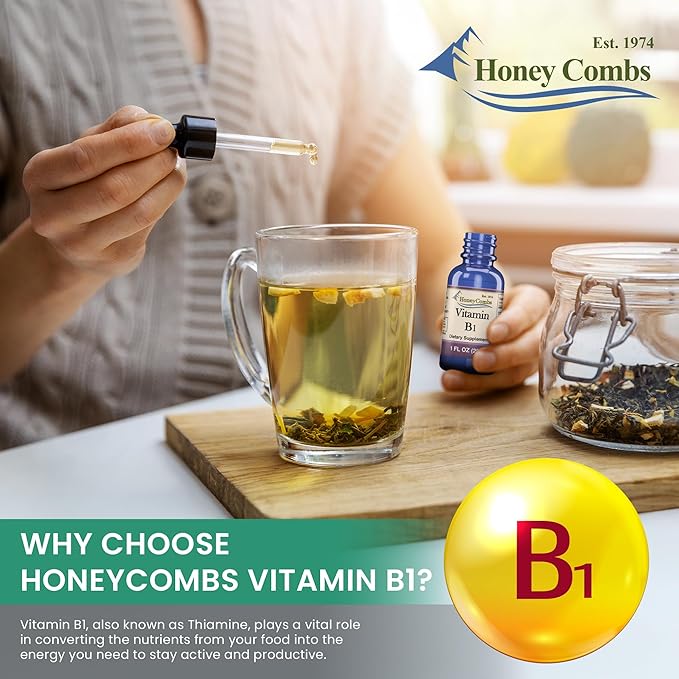 HoneyCombs Vitamin B1 Supplement (Thiamine) Liquid Drops - High Potency Thiamine B1 Supplement for Men &amp Women - Maintain Nervous System Energy &amp Overall Health - Vegan Liquid B Vitamins (8 F