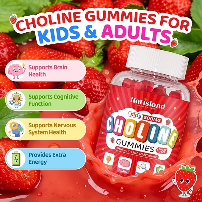 Choline Gummies for Kids &amp Adults Choline Supplements 500mg with DHA Phosphatidylserine for Brain Health Focus Immune Support Sugar-Free Vegan Strawberry Flavor 60 Gummies