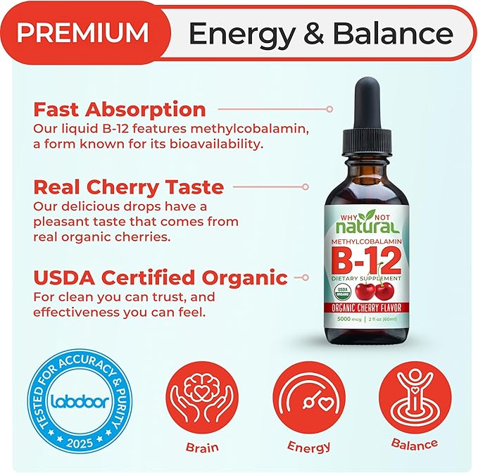 Why Not Natural Organic Vitamin B12 Liquid - Sublingual Extra Strength 60 x 5000 mcg Methylcobalamin Drops Vegan Maximize Absorption and Energy