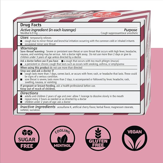 Fisherman's Friend Sugar Free Cherry Flavored Cough Lozenges (40 Drops x 6-Pack) 6.9mg Natural Menthol Cooling Relief from Sore Throat Persistent Cough &amp Everyday Irritation Vegan &amp Gluten