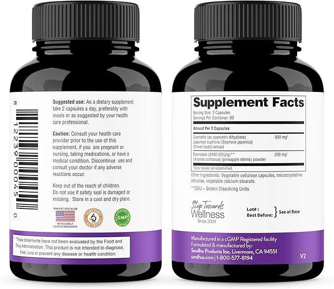 Quercetin with Bromelain Vegetarian Supplement Capsules | 240 Count (1000mg Per Serving 2400 GDU/g) | Supports Healthy Immune System Helps With Seasonal Allergy Support | High Absorption Antioxidant