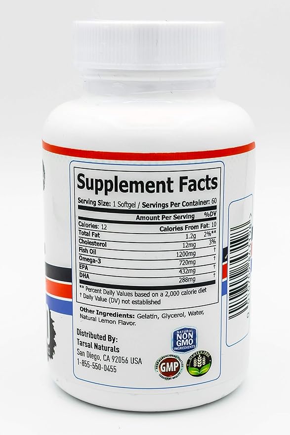Fish Oil and Omega 3 60 Capsules Natural Pure harvested Fish Oil Support EPA and DHA Helps Brain Heart Joint Flexibility and Nerves Made in USA Gluten Free FDA Registered Facility
