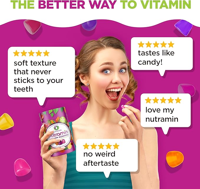 NUTRAMIN Daily Vegan Keto Multivitamin Gummies Non-GMO Natural Vitamin C D + Zinc for Immunity Plant-Based Sugar-Free Nut-Free Gluten-Free Biotin Vitamin A B B6 B12 &amp More 45 Days (90 Co