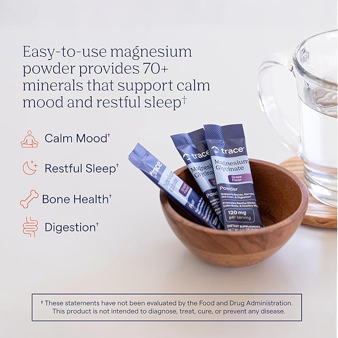 Trace Minerals Magnesium Glycinate - Bedtime Magnesium Supplement for Sleep Support - Nervous System &amp Healthy Mindset Support - Travel-Friendly Stick Packs - Grape Flavor - 30 Servings